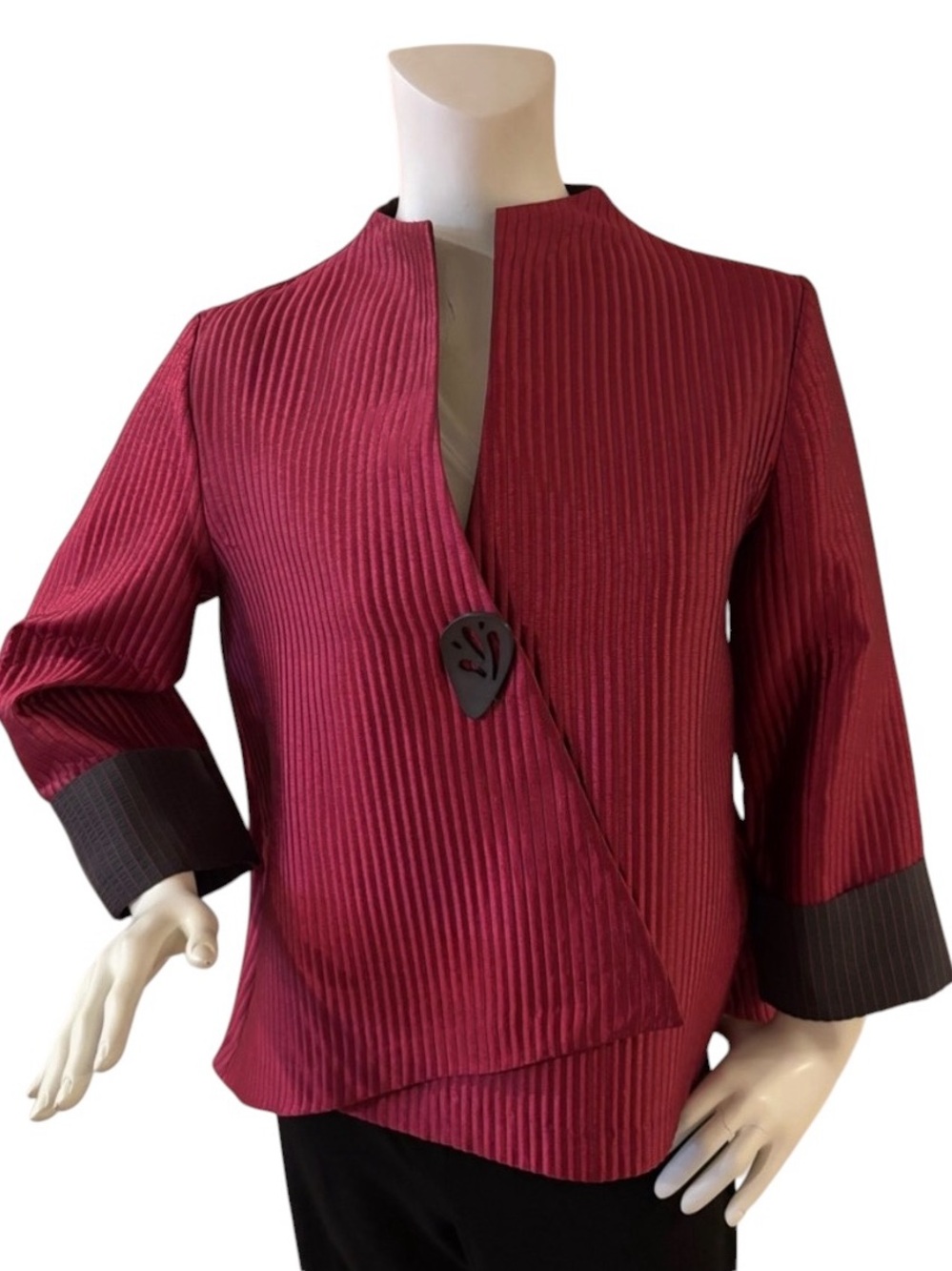 IC By Connie K Asymmetrical Burgundy Pinstripe Jacket with Sculptural Button, M